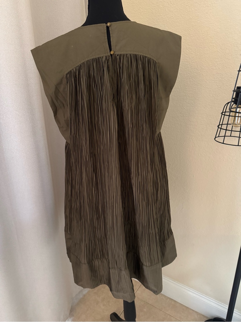 Anthropologie Plissé Mini Dress Olive Brown Pleated Shift Dress Size Small - Picture 6 of 10